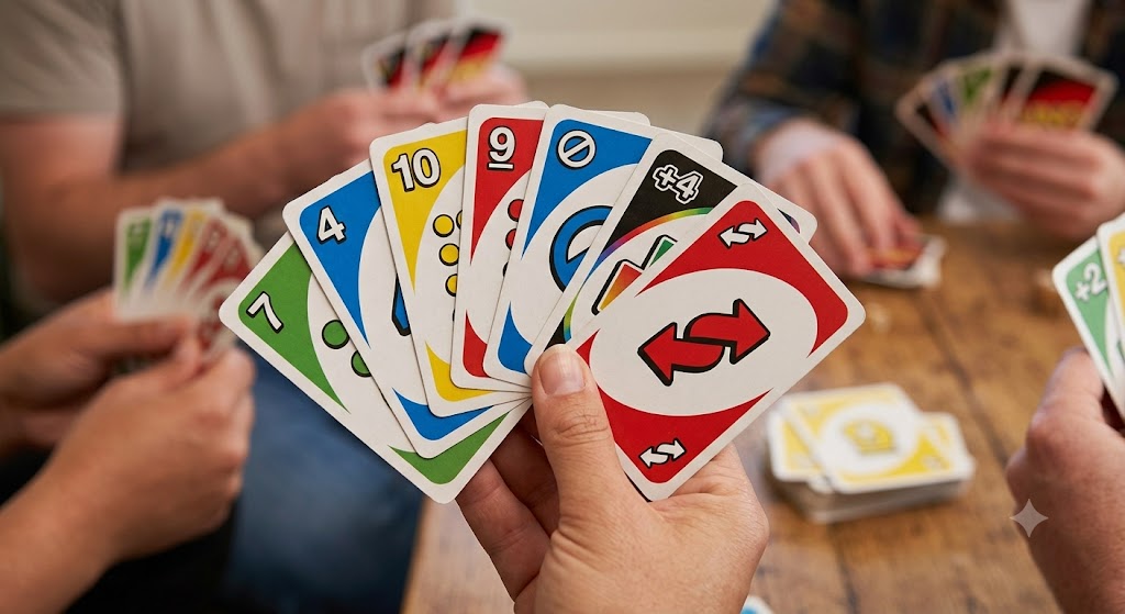 A close-up of a hand holding colourful number and action cards during a competitive game of Four Colours