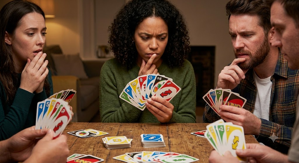 Friends gathered around a table playing a card game, demonstrating an intense moment of decision-making.