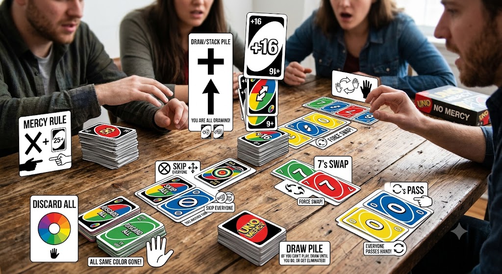 An intense game of UNO No Mercy in progress with various action cards spread across a table.