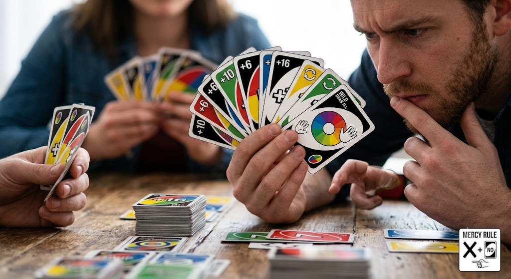 A close-up shot of a player strategizing their next move in a fast-paced card game.