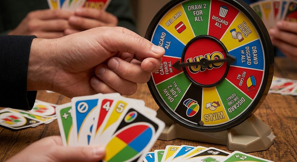 A close-up of a player spinning the Uno wheel during a high-stakes game.