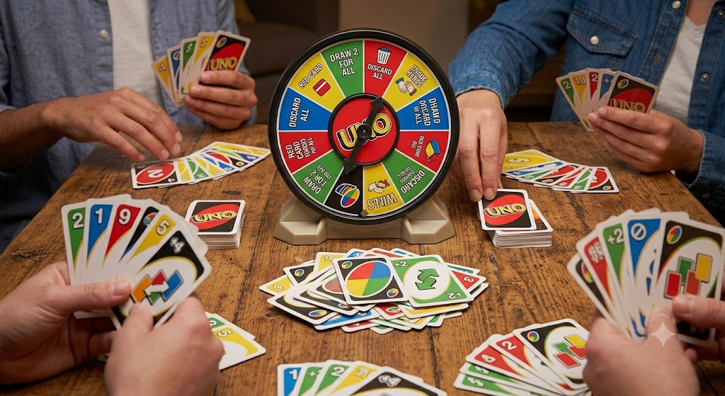 An Uno Spin wheel sitting in the centre of a table surrounded by colourful Uno cards.