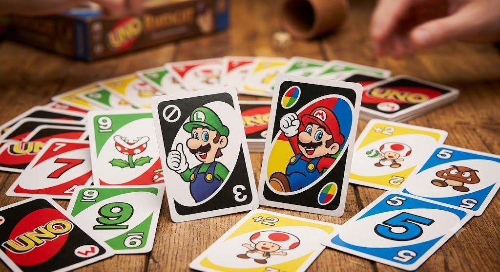 A vibrant close-up of Uno Super Mario cards spread out on a table featuring Mario and Luigi character designs.