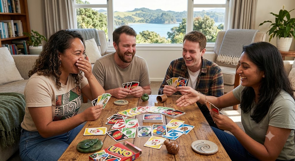 A group of friends in a living room in New Zealand laughing while playing the Super Mario edition of Uno.
