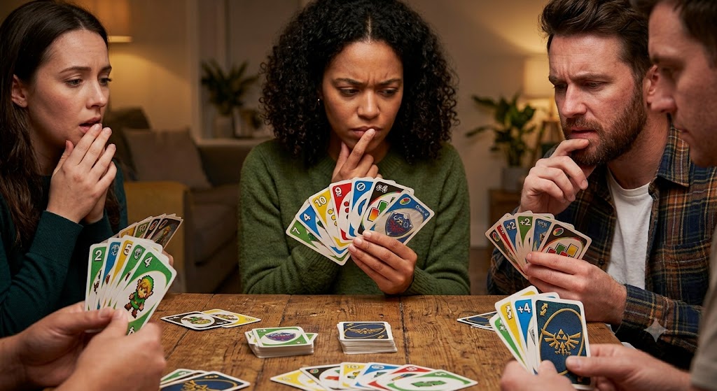 A vibrant close-up of Uno Zelda cards spread out on a table featuring the iconic Hylian crest and Link designs.