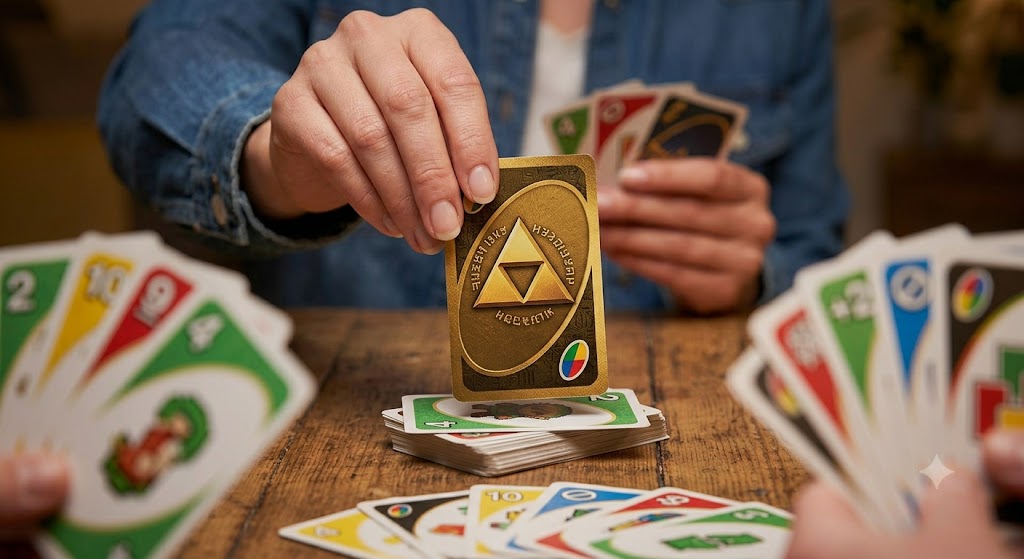 A close-up shot of the Wild Triforce card being played in a competitive game of Uno Zelda.