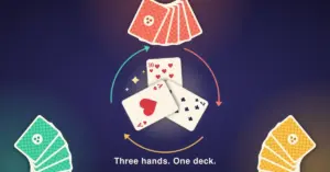 Illustration of three players' fanned hands of coral, mint and saffron cards around a central trick of the ten of hearts, seven of clubs and a glowing ace of hearts, circled by turn-order arrows above the words "Three hands. One deck."