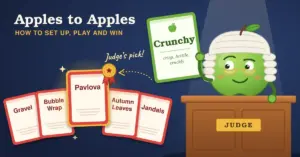 Illustration of a cheerful green apple in a judge's wig and half-moon glasses, seated behind a wooden bench marked "Judge" and holding up a green "Crunchy" card, while a fan of red cards reading Gravel, Bubble Wrap, Autumn Leaves and Jandals surrounds the glowing "Pavlova" card, which wears a gold rosette as the judge's pick.