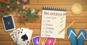 Illustration of a summer card night laid out on a timber deck under a flowering pōhutukawa branch, with a fanned hand led by the ace of spades, a face-down deck, colourful party-game cards, jandals, a cold drink and a notepad listing "Best card games NZ": Last Card, 500, Euchre, Cribbage, Go Fish and Snap.