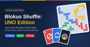 Illustration of a Blokus-style board with blue, yellow, red and green pieces placed corner to corner beside skip, reverse and wild action cards, with the title "Blokus Shuffle: UNO Edition" and the game facts 2–4 players, ages 6+ and 30–45 minutes.