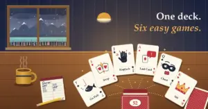 Illustration of six playing cards labelled Go Fish, Snap, Slapjack, Last Card, Cheat and 500 fanning out of an open 52-card deck box on a lamp-lit wooden table, beside a mug of tea and a score pad, while rain falls on a lupin-lined lake and snowy mountains outside the bach window.