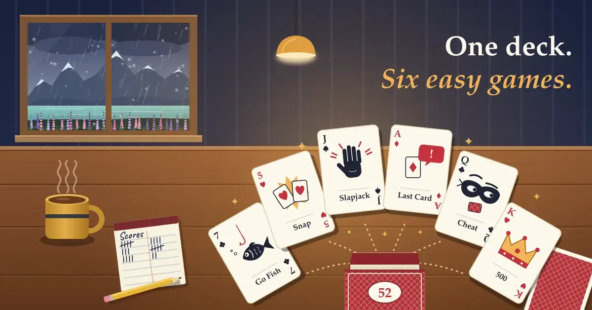 Illustration of six playing cards labelled Go Fish, Snap, Slapjack, Last Card, Cheat and 500 fanning out of an open 52-card deck box on a lamp-lit wooden table, beside a mug of tea and a score pad, while rain falls on a lupin-lined lake and snowy mountains outside the bach window.