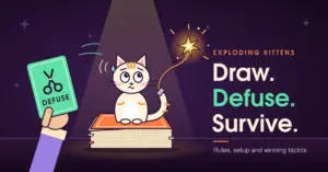 Illustration of a worried cream kitten sitting on an orange draw pile under a spotlight, its tail turning into a lit, sparking fuse, while a hand rushes in holding up a green "Defuse" card with scissors, beside the words "Draw. Defuse. Survive."