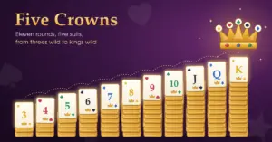 Eleven stacks of golden playing cards climb like a staircase from three cards to thirteen, each topped by a face-up wild card running from 3 to King, rising towards a gold crown set with star, heart, club, spade and diamond jewels on a deep plum background.