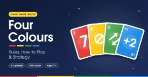 Graphic for a Four Colours card game guide, showing a fanned hand of red, yellow, green and blue cards (a 7, a skip, a reverse and a +2) beside the heading "Four Colours" and the subtitle "Rules, How to Play & Strategy".