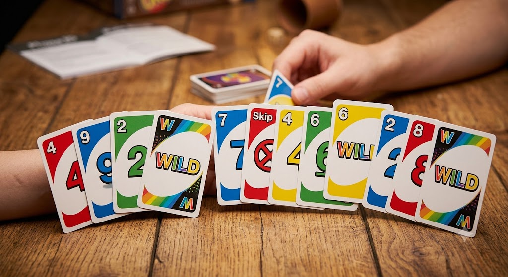 A hand of Phase 10 cards spread out on a wooden table, showing a mix of numbers and wild cards.
