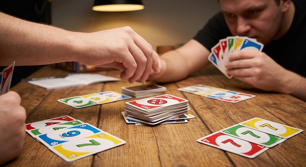 Two players engaged in a competitive game of Phase 10, with focus on the discard pile.