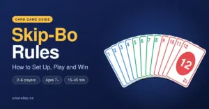 Featured graphic for a Skip-Bo rules guide, showing the title "Skip-Bo Rules: How to Set Up, Play and Win" beside a fan of numbered cards from 1 to 12 in blue, green and red on a dark navy background.