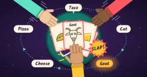 Illustration of a round teal card table seen from above, where a hand slaps a pile of cards topped by a goat card just as the word "Goat" lights up in a loop of chant bubbles reading Taco, Cat, Goat, Cheese and Pizza, while two other hands race in too late.