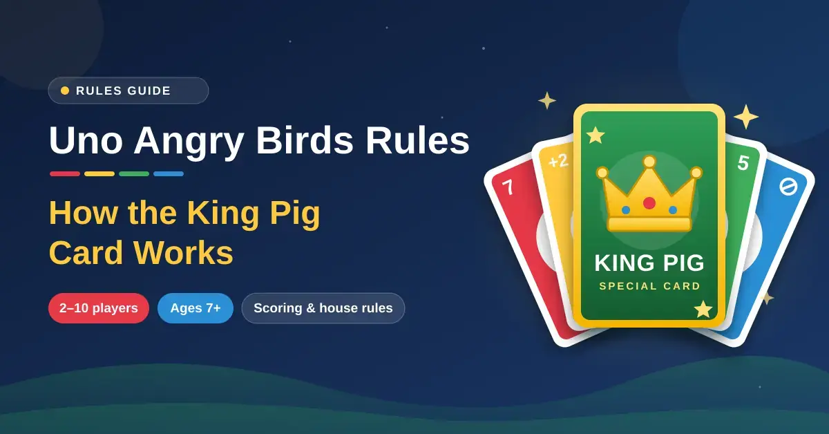 Illustration of a fan of red, yellow, green and blue playing cards behind a green King Pig special card with a gold crown, next to the title "Uno Angry Birds Rules: How the King Pig Card Works".