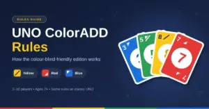 Featured graphic for a UNO ColorADD rules guide showing a fan of blue, green, yellow and red number cards, each marked with its ColorADD colour symbol, next to a key explaining the diagonal line for yellow, upward triangle for red and downward triangle for blue.
