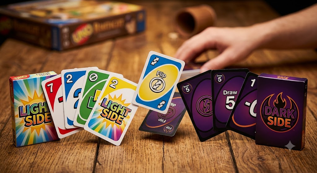 An UNO Flip deck showing the distinct Light and Dark side designs on a wooden gaming table.
