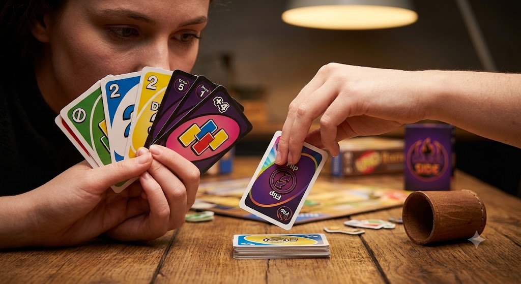 A close-up shot of a player holding a hand of UNO Flip cards while making a tactical play.