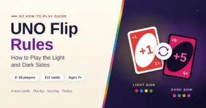 Featured graphic for an UNO Flip rules guide, showing a red Light Side Draw One card and a pink Dark Side Draw Five card joined by a flip arrow, next to the title and quick facts: 2–10 players, 112 cards, ages 7+.
