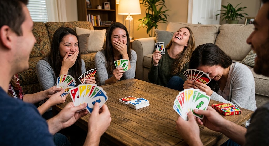 A group of friends laughing while playing a game of UNO in a living room, holding hands of cards.