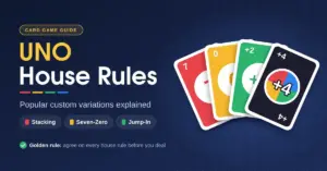 Illustrated banner reading "UNO House Rules – Popular custom variations explained" with labels for Stacking, Seven-Zero and Jump-In beside a fanned hand of red, yellow, green and wild +4 cards on a navy background.