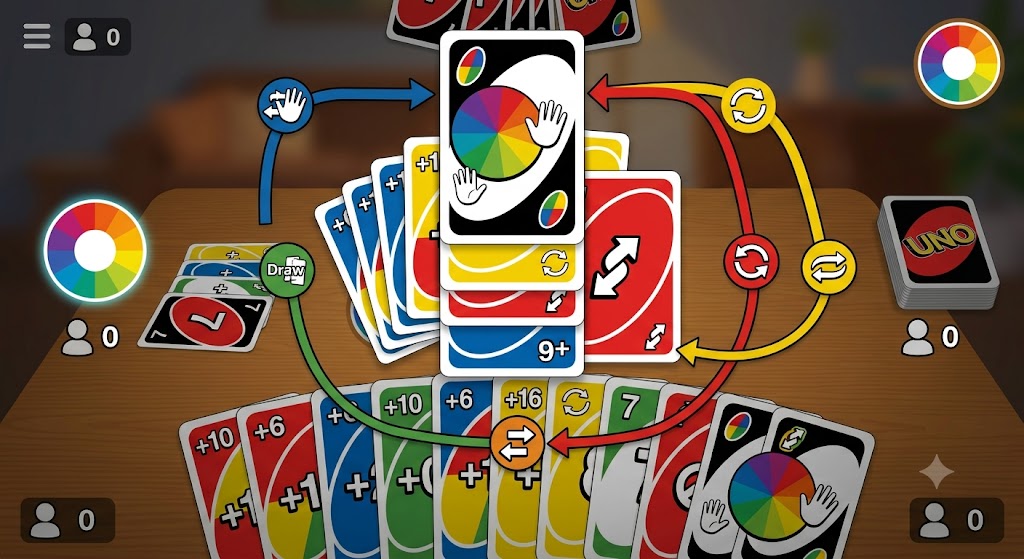 A close-up of a digital UNO board showing a variety of action cards being played during an online match.