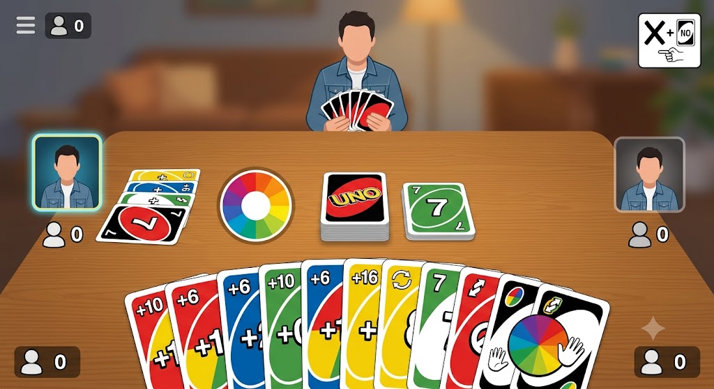 A virtual UNO online interface displaying a hand of colourful cards on a digital gaming screen.