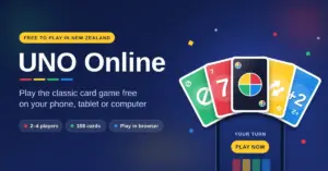 A graphic for playing UNO online in New Zealand, with a fan of colourful number, action and wild cards rising from a smartphone beside the text "Play the classic card game free on your phone, tablet or computer".