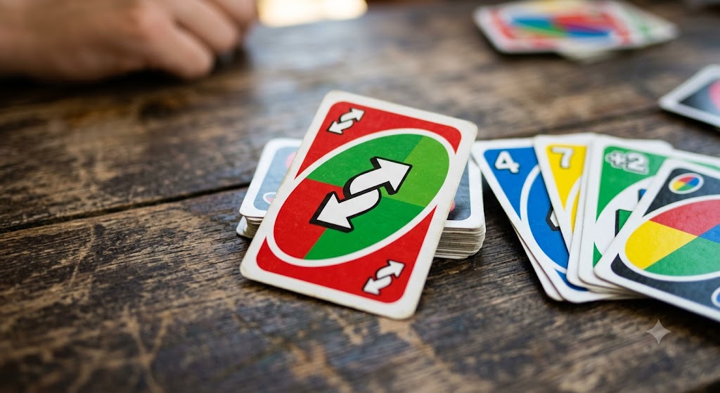 Two friends playing UNO cards at a table, with one person holding a hand of colorful cards and preparing to make a move.