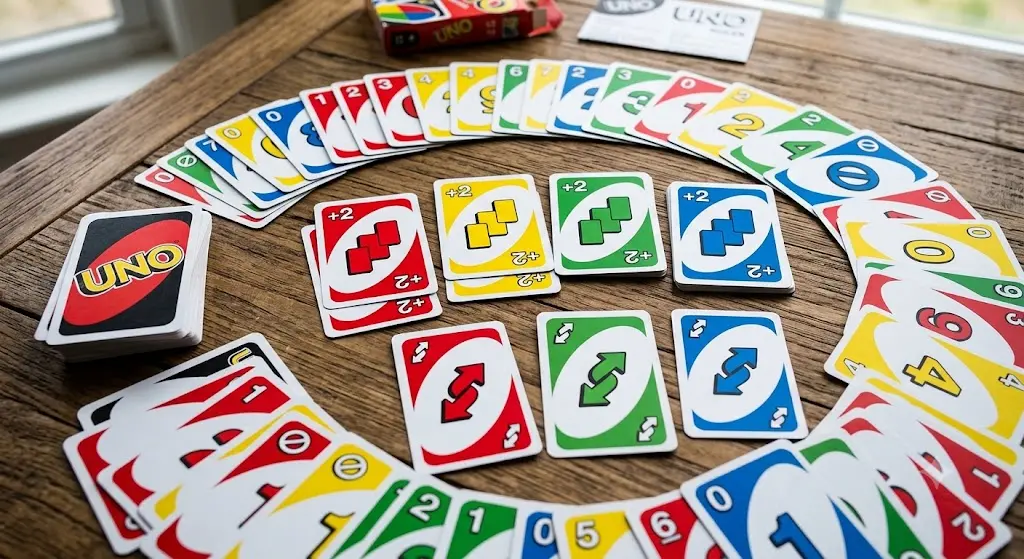 A spread of colourful UNO playing cards including action cards like Draw 2 and Reverse on a wooden surface.