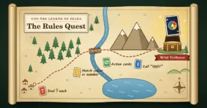 Illustration of a hand-drawn quest map on a parchment scroll, where a dotted trail runs from a small village past red, yellow, green and blue cards labelled "Deal 7 each", "Match colour or number", "Action cards" and "Call UNO!", then over a river and past snowy mountains to an open treasure chest with a glowing Wild Triforce card above it.