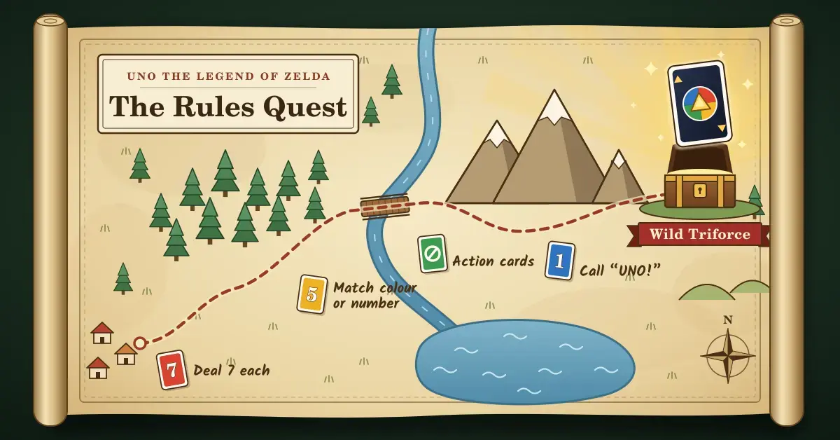 Illustration of a hand-drawn quest map on a parchment scroll, where a dotted trail runs from a small village past red, yellow, green and blue cards labelled "Deal 7 each", "Match colour or number", "Action cards" and "Call UNO!", then over a river and past snowy mountains to an open treasure chest with a glowing Wild Triforce card above it.