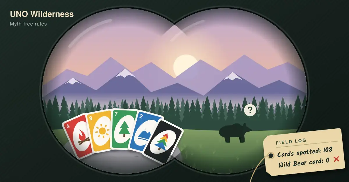 Illustration of a dawn mountain-and-forest scene seen through binoculars, with a fan of red, yellow, green and blue nature-themed cards and a black wild card on a granite boulder, a bear with a question mark in the meadow, and a field log tag reading "Cards spotted: 108" and "Wild Bear card: 0".